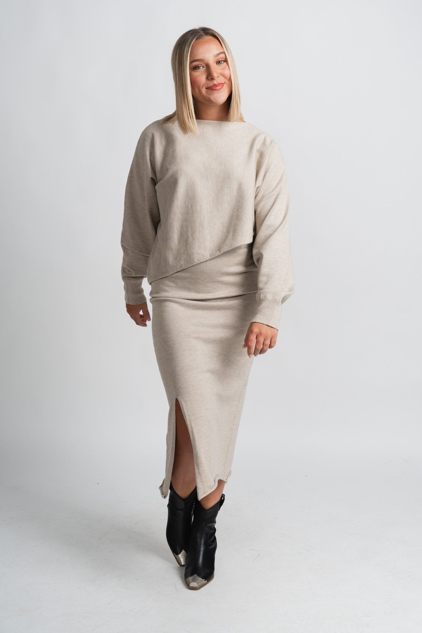 Sweater midi skirt beige | Lush Fashion Lounge: boutique fashion skirts, affordable boutique skirts, cute affordable skirts