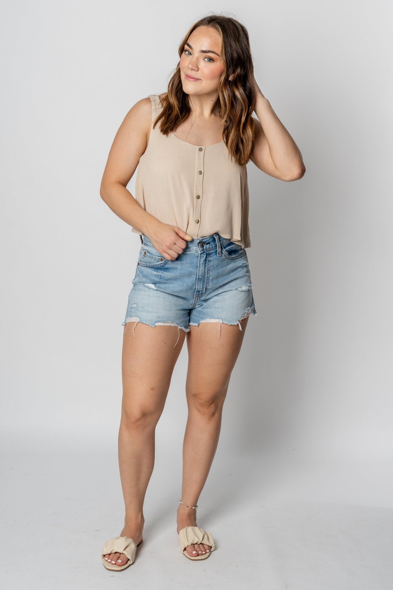 Cropped button tank top cream - Trendy Top - Fashion Tank Tops at Lush Fashion Lounge Boutique in Oklahoma City