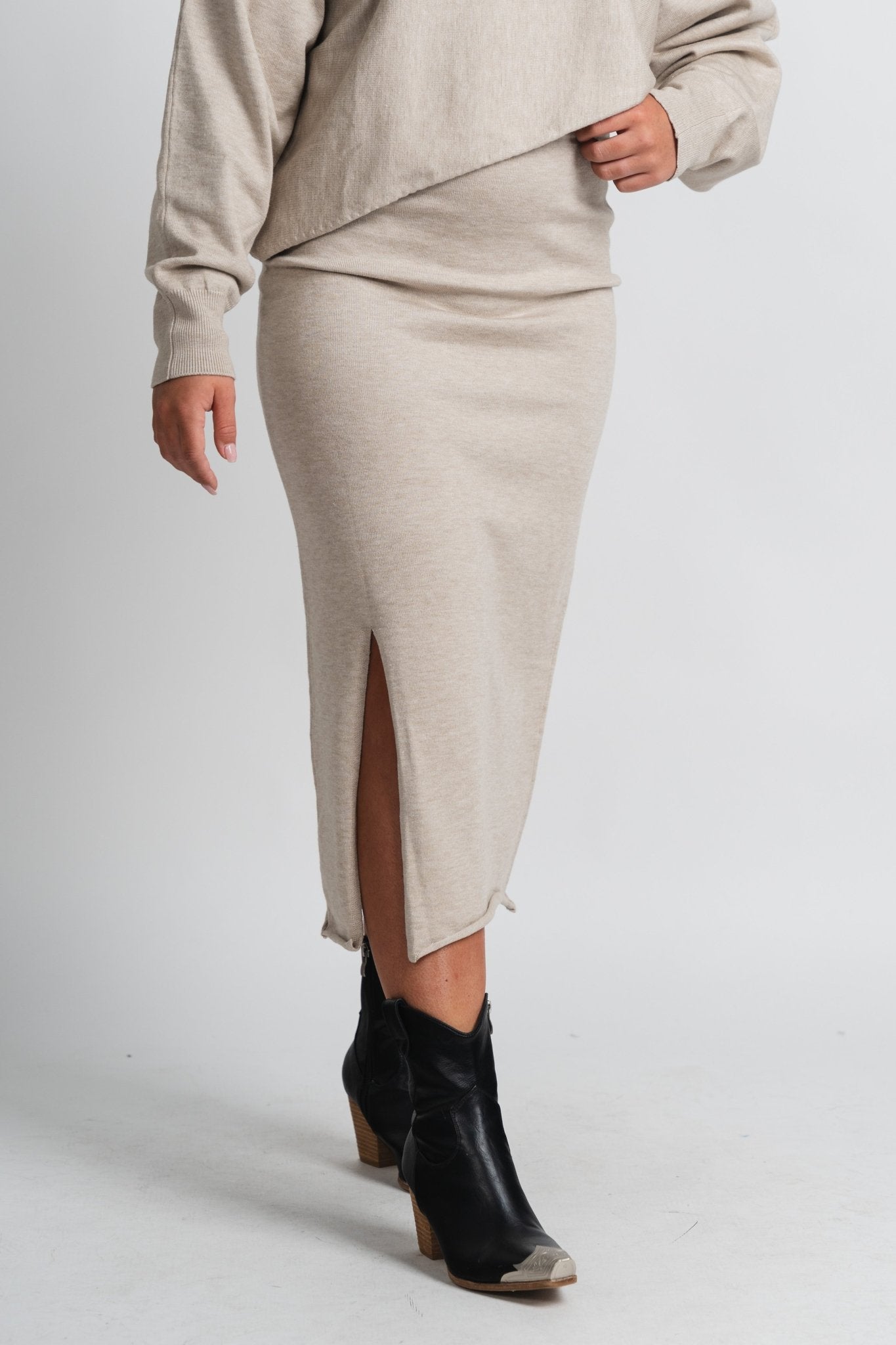 Sweater midi skirt beige | Lush Fashion Lounge: boutique fashion skirts, affordable boutique skirts, cute affordable skirts