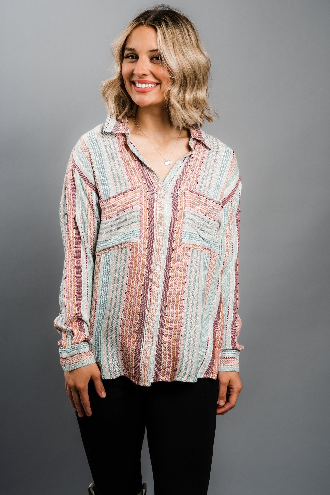 Striped button down blouse blue/red