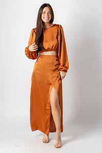 Faux wrap maxi skirt camel | Lush Fashion Lounge: boutique fashion skirts, affordable boutique skirts, cute affordable skirts
