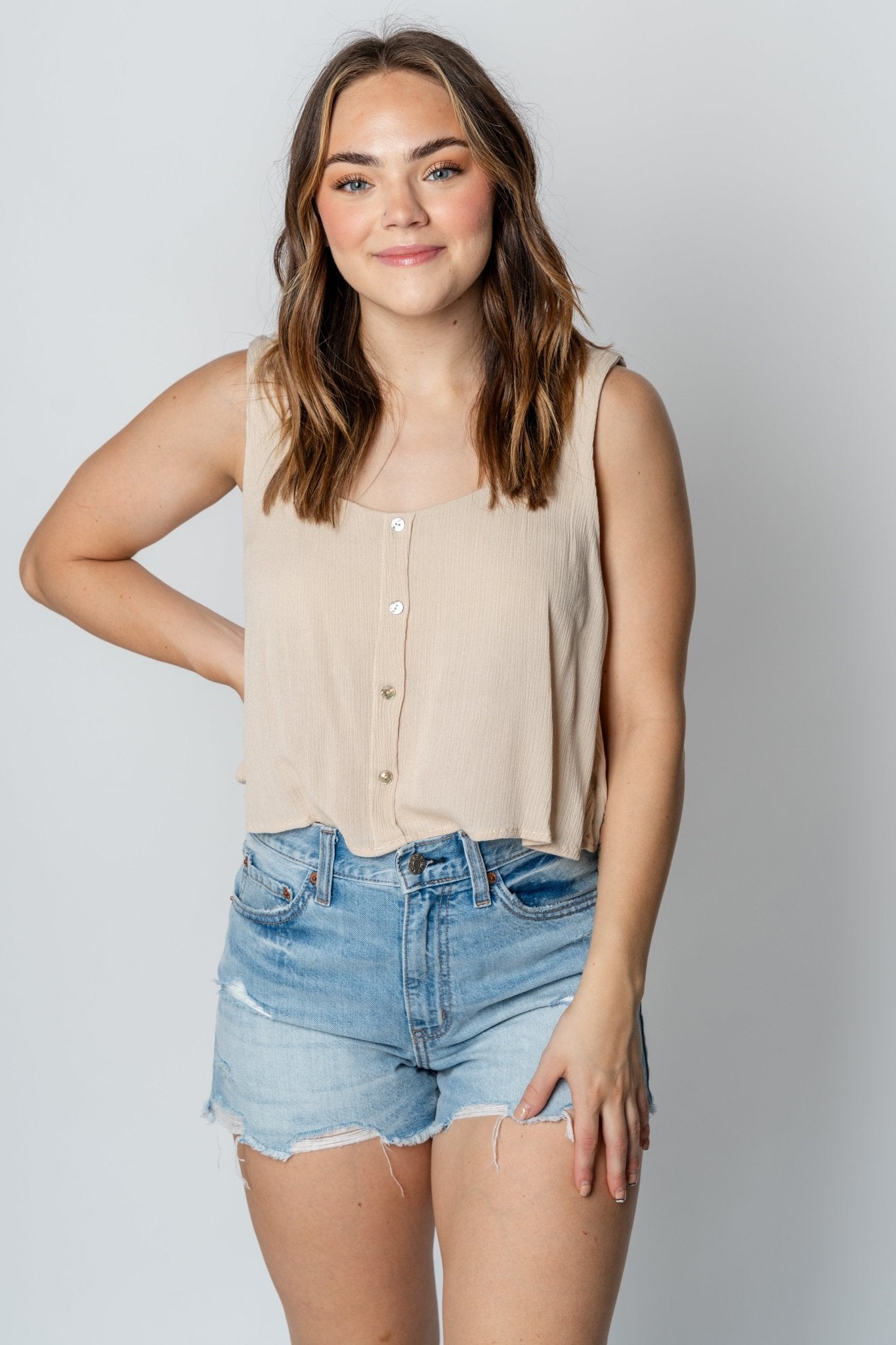 Cropped button tank top cream - Affordable Top - Boutique Tank Tops at Lush Fashion Lounge Boutique in Oklahoma City
