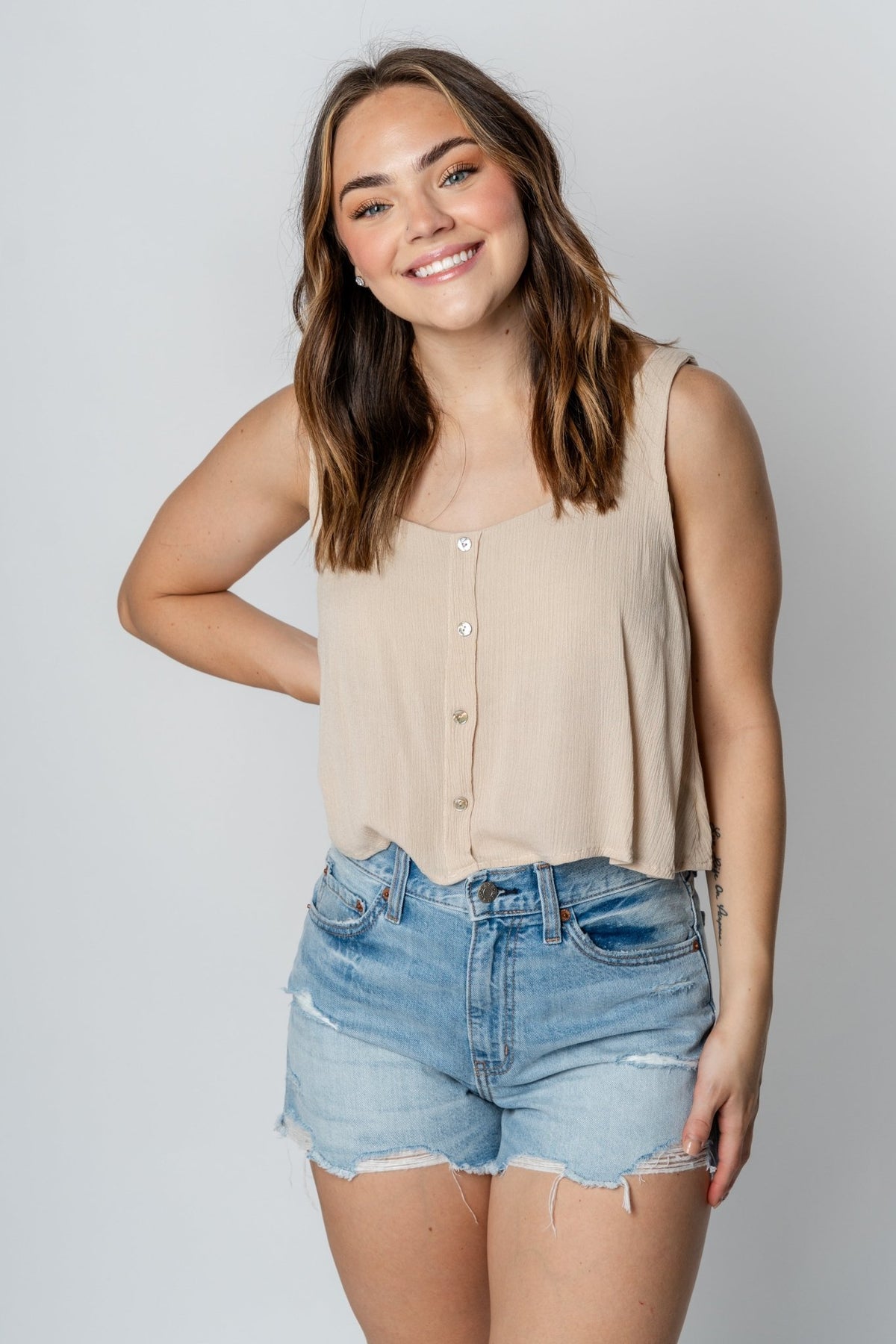Cropped button tank top cream - Cute Top - Trendy Tank Tops at Lush Fashion Lounge Boutique in Oklahoma City