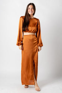 Faux wrap maxi skirt camel | Lush Fashion Lounge: boutique fashion skirts, affordable boutique skirts, cute affordable skirts