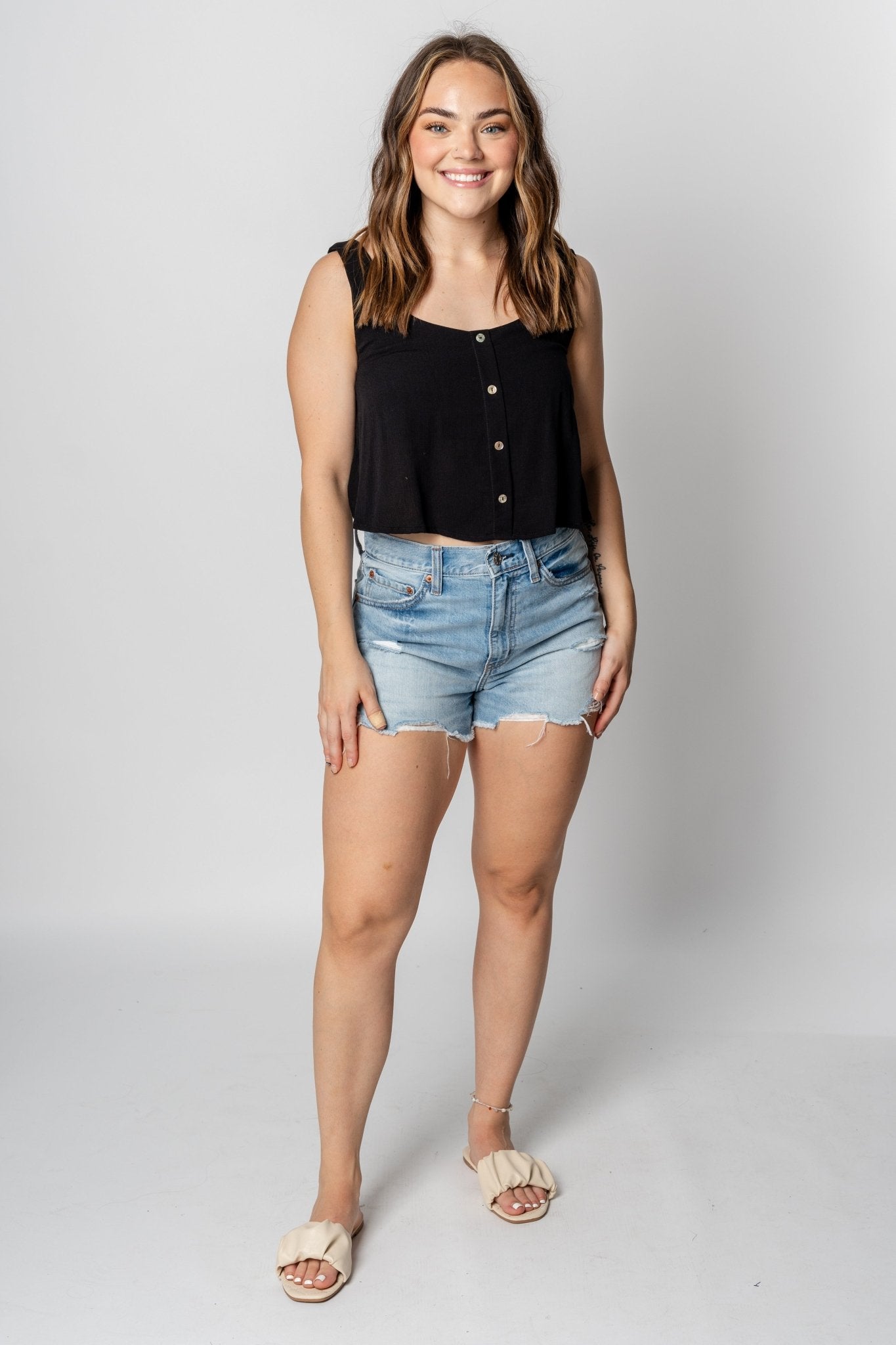 Cropped button tank top black - Trendy Top - Fashion Tank Tops at Lush Fashion Lounge Boutique in Oklahoma City