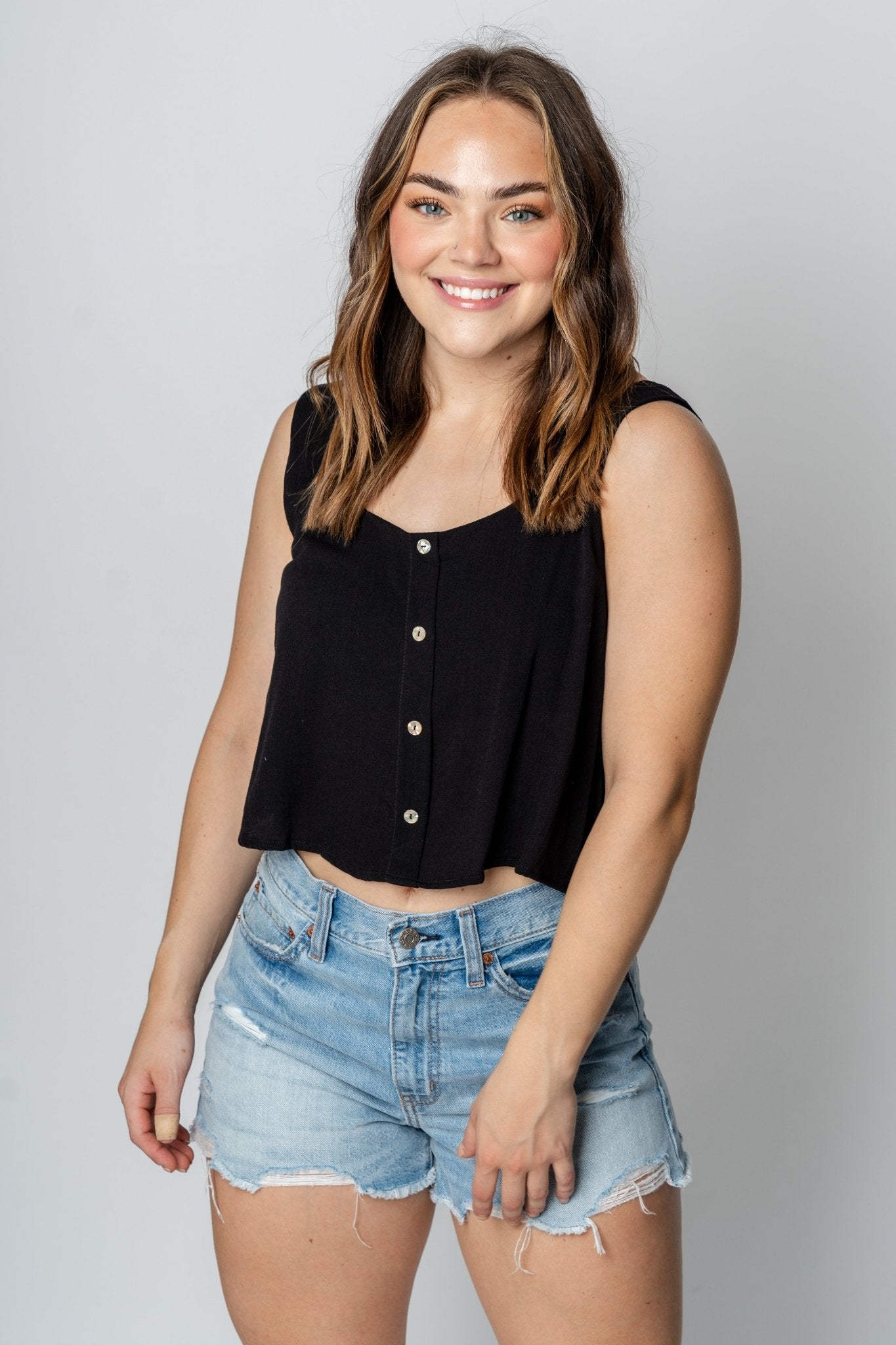 Cropped button tank top black - Affordable Top - Boutique Tank Tops at Lush Fashion Lounge Boutique in Oklahoma City