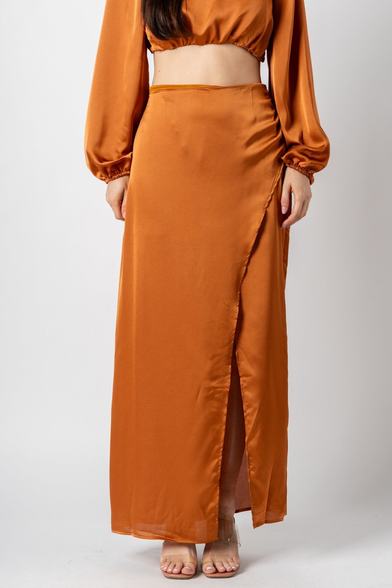 Faux wrap maxi skirt camel | Lush Fashion Lounge: boutique fashion skirts, affordable boutique skirts, cute affordable skirts