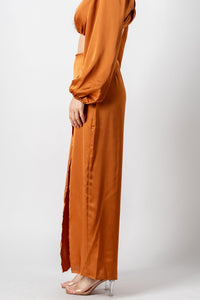 Faux wrap maxi skirt camel | Lush Fashion Lounge: boutique fashion skirts, affordable boutique skirts, cute affordable skirts