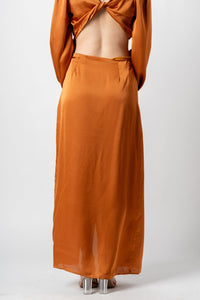 Faux wrap maxi skirt camel | Lush Fashion Lounge: boutique fashion skirts, affordable boutique skirts, cute affordable skirts