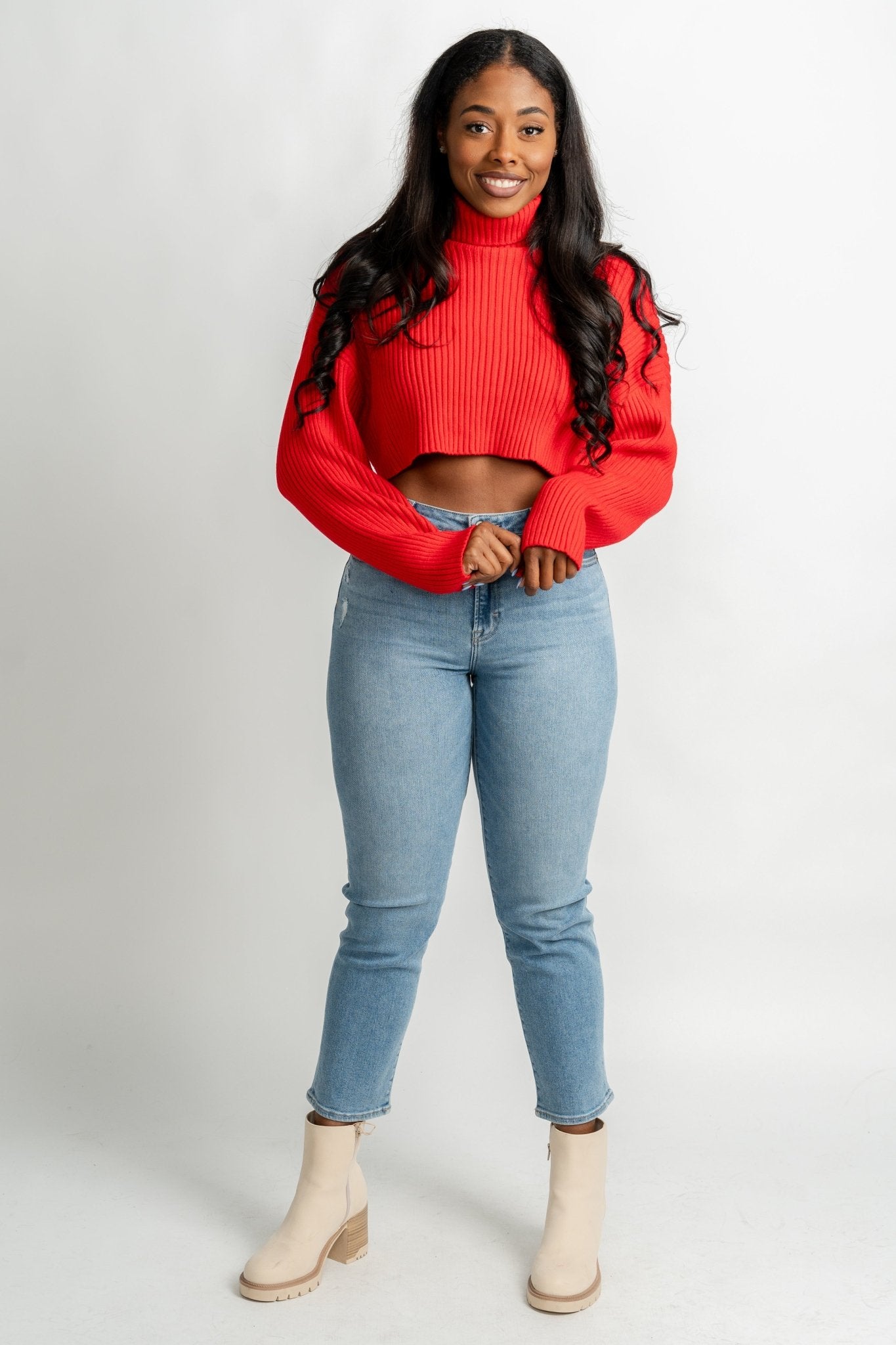 Crop turtleneck sweater red - Trendy Sweaters | Cute Pullover Sweaters at Lush Fashion Lounge Boutique in Oklahoma City