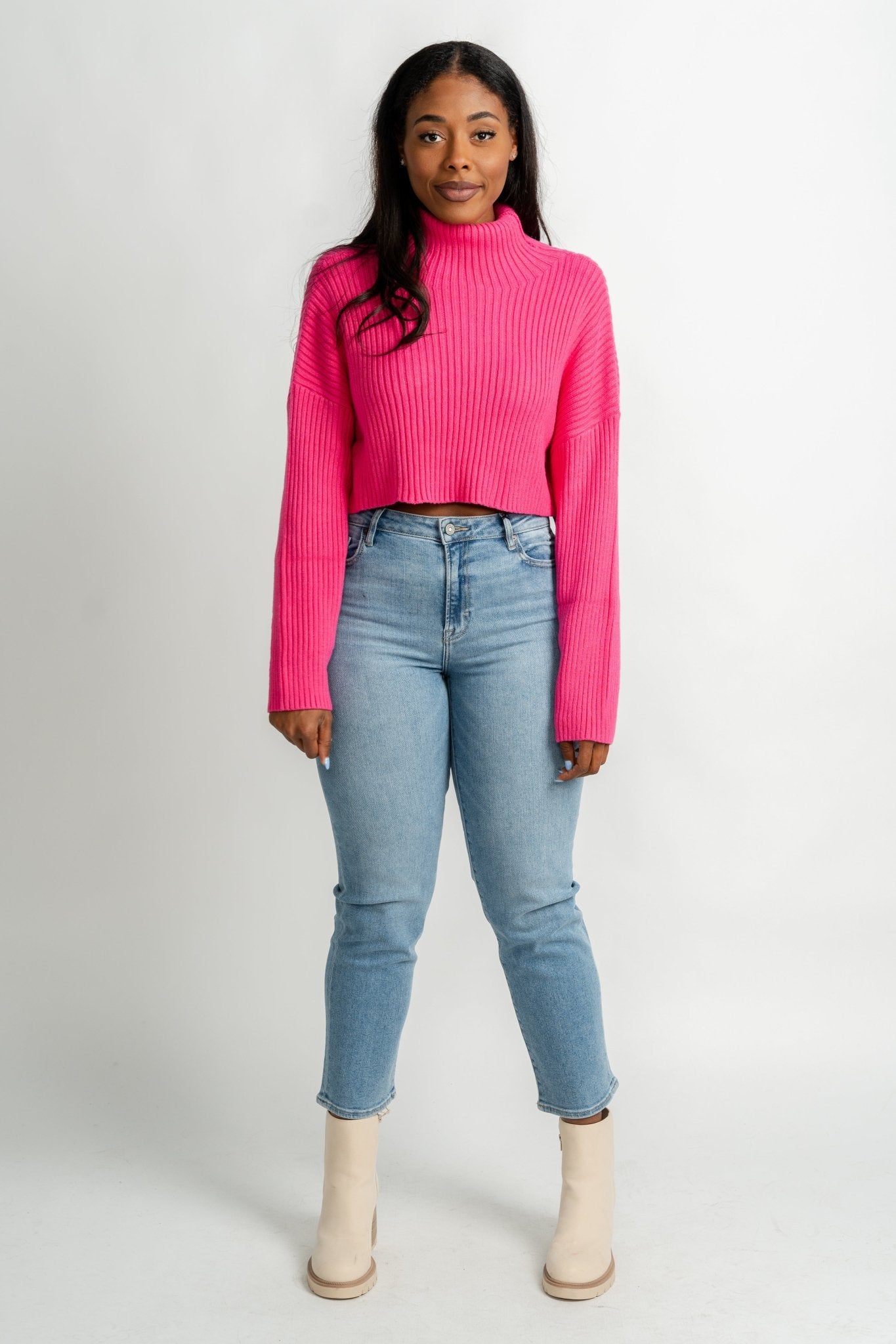 Crop turtleneck sweater pink - Trendy Sweaters | Cute Pullover Sweaters at Lush Fashion Lounge Boutique in Oklahoma City