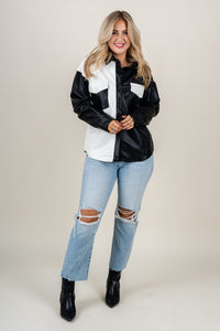 Color block shacket black/white Stylish Shacket - Womens Fashion Jackets & Blazers at Lush Fashion Lounge Boutique in Oklahoma City