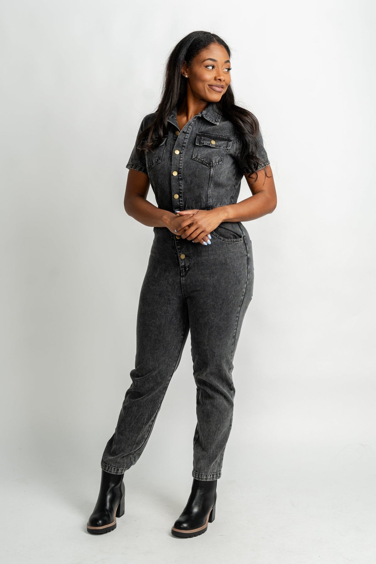 Belted denim jumpsuit black - Cute jumpsuit - Trendy Rompers and Pantsuits at Lush Fashion Lounge Boutique in Oklahoma City
