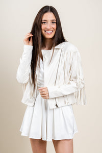 Faux leather fringe zip jacket white - Stylish jacket -  Cute Bridal Collection at Lush Fashion Lounge Boutique in Oklahoma City