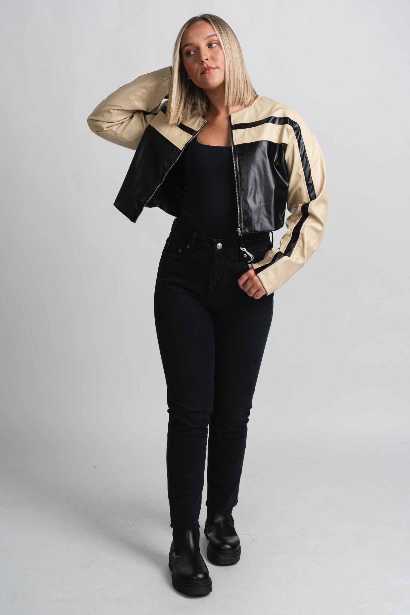 Faux leather moto jacket beige/black – Unique Blazers | Cute Blazers For Women at Lush Fashion Lounge Boutique in Oklahoma City