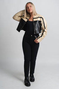 Faux leather moto jacket beige/black – Unique Blazers | Cute Blazers For Women at Lush Fashion Lounge Boutique in Oklahoma City