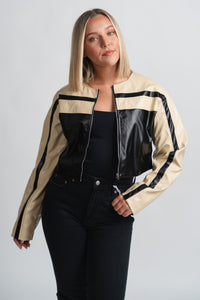 Faux leather moto jacket beige/black – Trendy Jackets | Cute Fashion Blazers at Lush Fashion Lounge Boutique in Oklahoma City