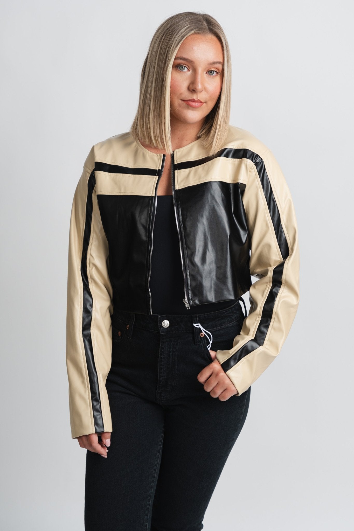 Faux leather moto jacket beige/black – Affordable Blazers | Cute Black Jackets at Lush Fashion Lounge Boutique in Oklahoma City