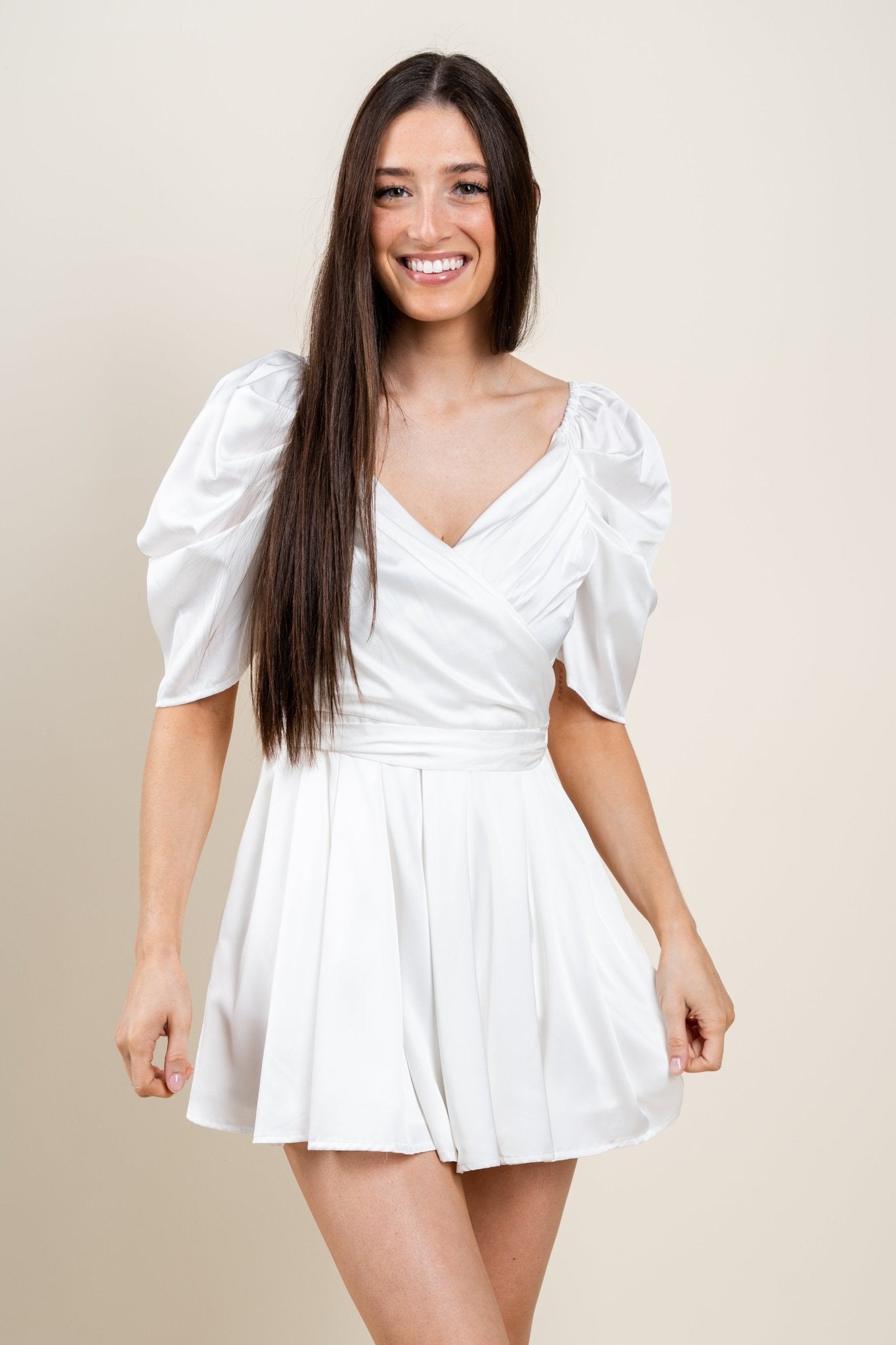 Pleated puff sleeve romper off white - Cute Romper - Trendy Rompers and Pantsuits at Lush Fashion Lounge Boutique in Oklahoma City