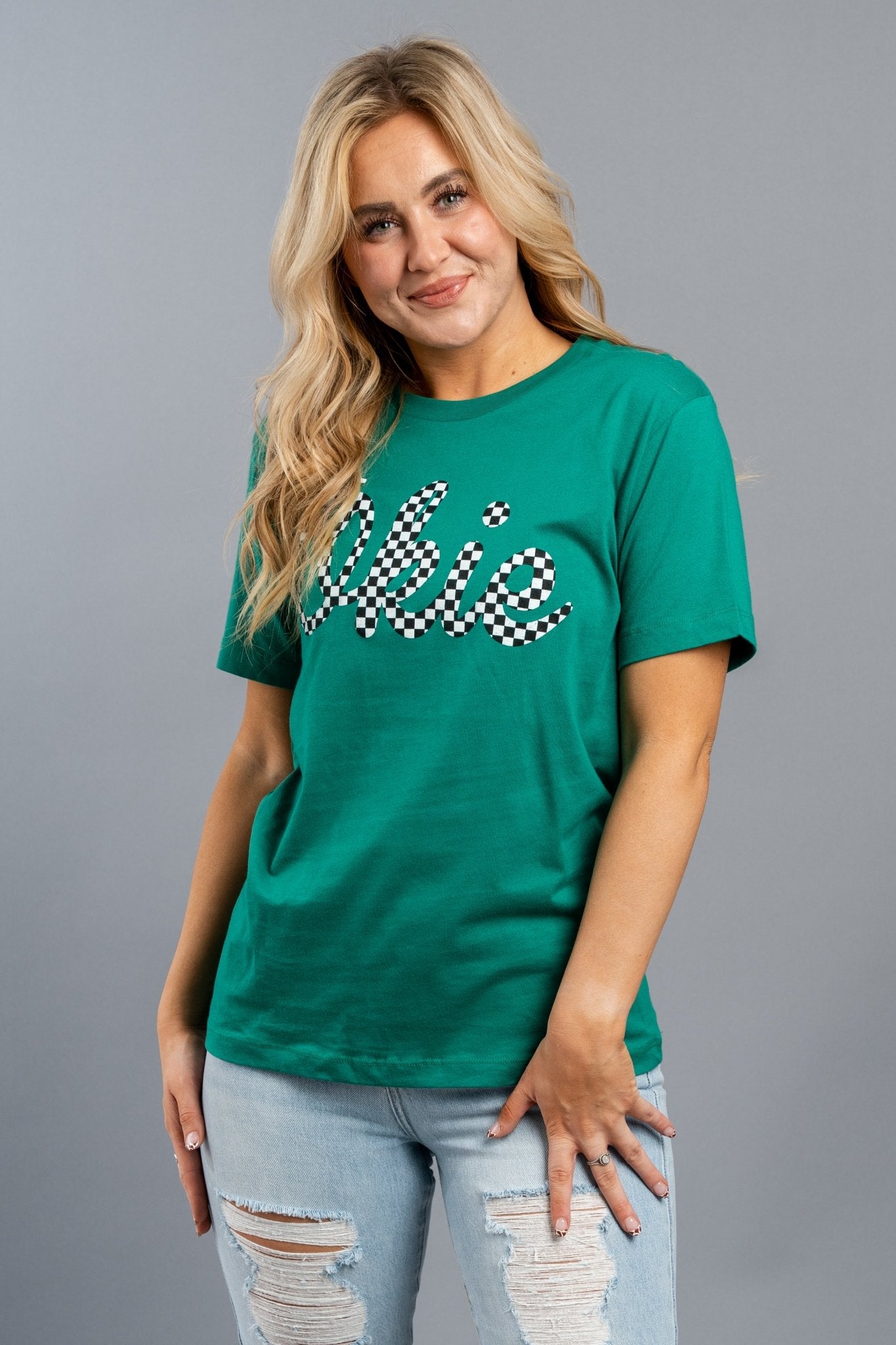 Okie checkered unisex short sleeve t-shirt green - Cute T-shirts - Trendy Graphic T-Shirts at Lush Fashion Lounge Boutique in Oklahoma City