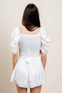 Pleated puff sleeve romper off white - Fun Romper - Stylish Bridal Graphic Tees at Lush Fashion Lounge Boutique in OKC