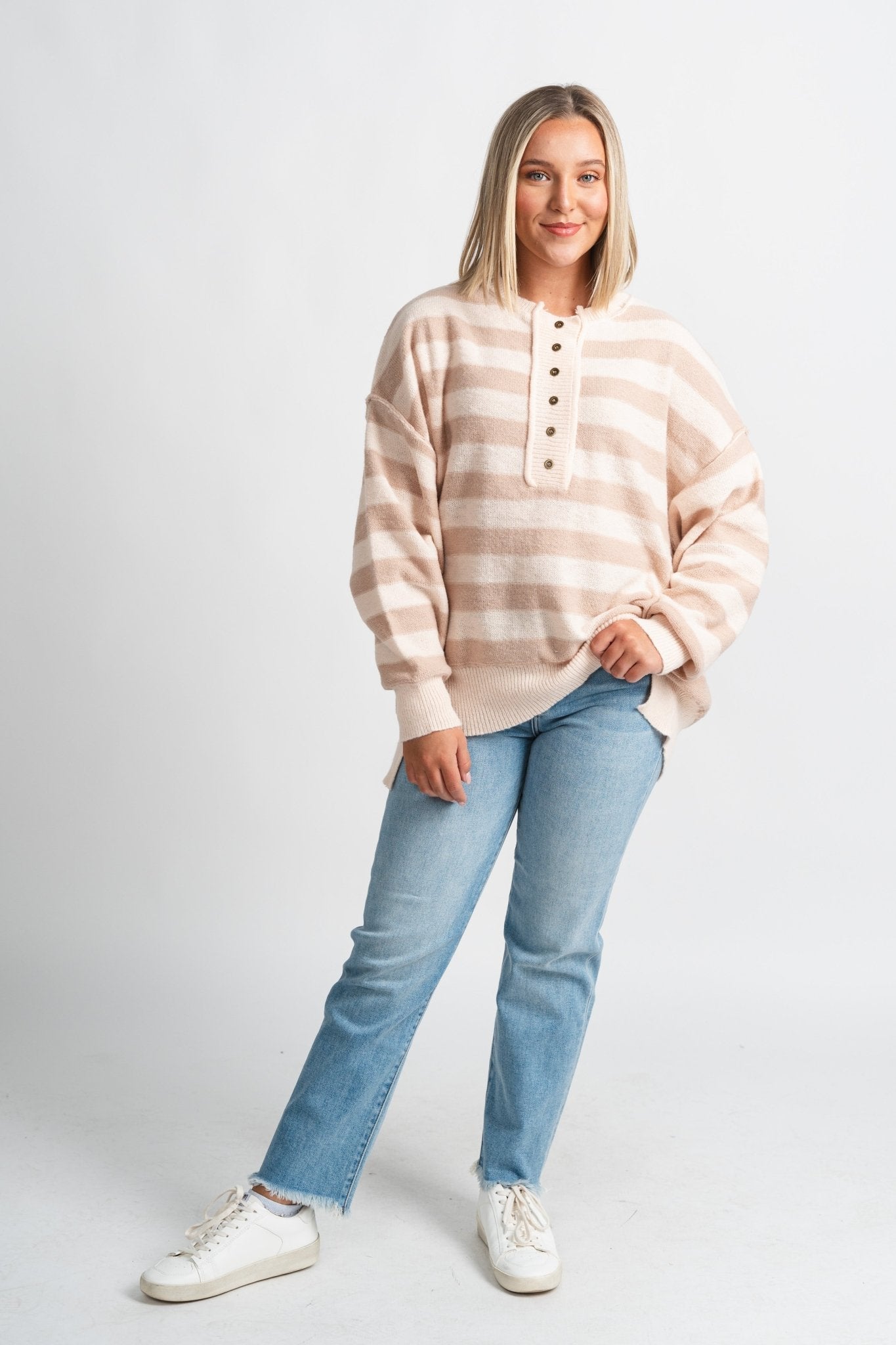 Oversized striped sweater natural/taupe - Trendy Sweaters | Cute Pullover Sweaters at Lush Fashion Lounge Boutique in Oklahoma City