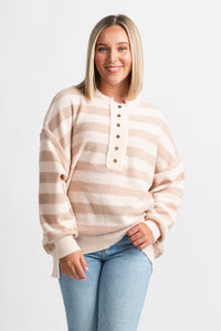 Oversized striped sweater natural/taupe – Stylish Sweaters | Boutique Sweaters at Lush Fashion Lounge Boutique in Oklahoma City