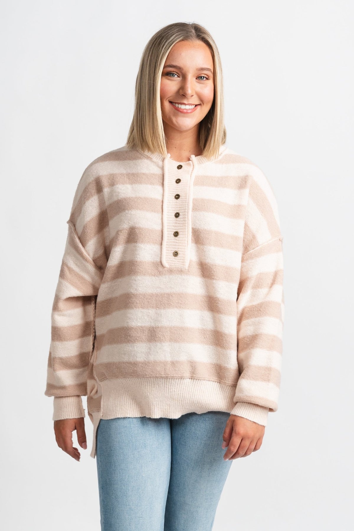 Oversized striped sweater natural/taupe – Boutique Sweaters | Fashionable Sweaters at Lush Fashion Lounge Boutique in Oklahoma City