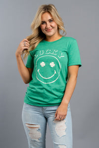 Lucky smiley unisex short sleeve t-shirt kelly green - Cute T-shirts - Trendy Graphic T-Shirts at Lush Fashion Lounge Boutique in Oklahoma City
