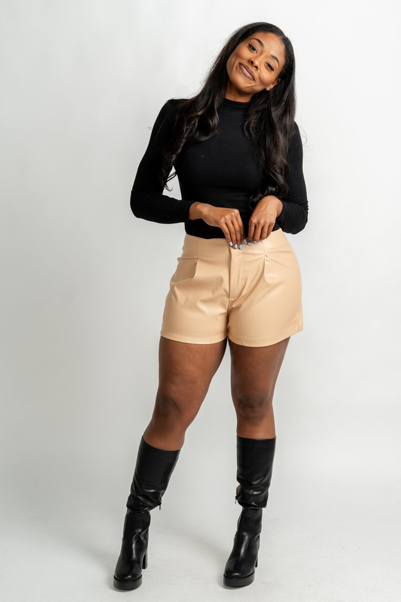Faux leather shorts tan - Affordable shorts - Boutique Shorts at Lush Fashion Lounge Boutique in Oklahoma City