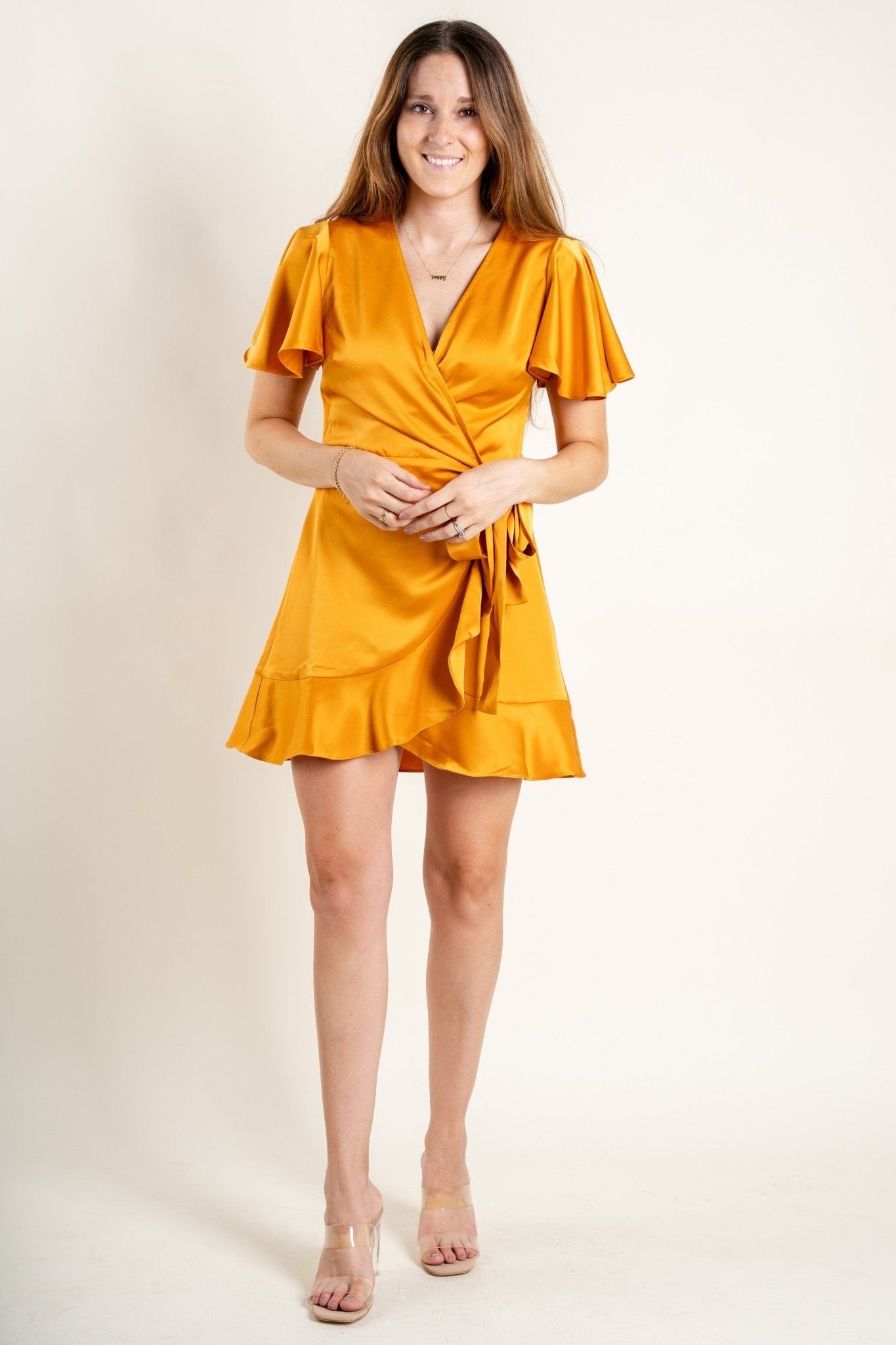 Flutter sleeve mini dress golden glow - Trendy Dresses - Fashion Dresses at Lush Fashion Lounge Boutique in Oklahoma City