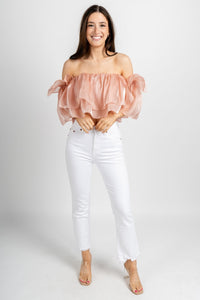 Ruffle off shoulder top blush - Cute Top - Trendy Easter Clothing Line at Lush Fashion Lounge Boutique in Oklahoma