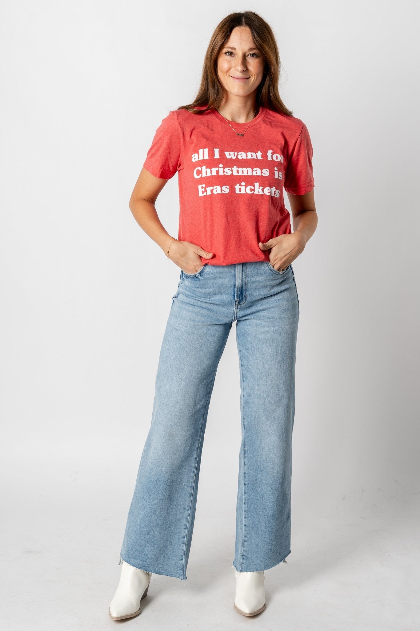 All I want for Christmas is Eras tickets t-shirt red - Exclusive Collection of Holiday Inspired T-Shirts and Hoodies at Lush Fashion Lounge Boutique in Oklahoma City