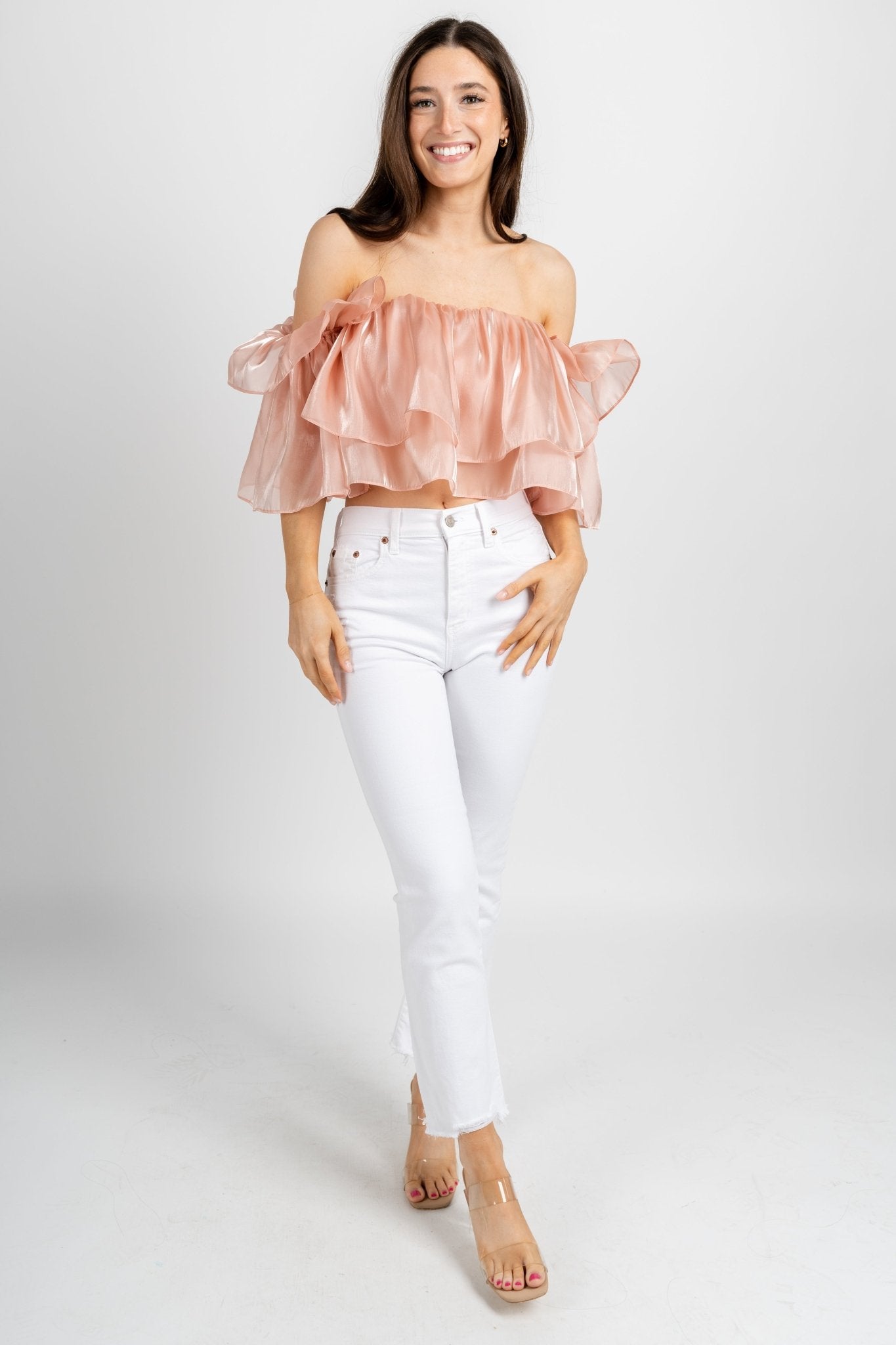 Ruffle off shoulder top blush - Affordable Top - Unique Easter Style at Lush Fashion Lounge Boutique in Oklahoma