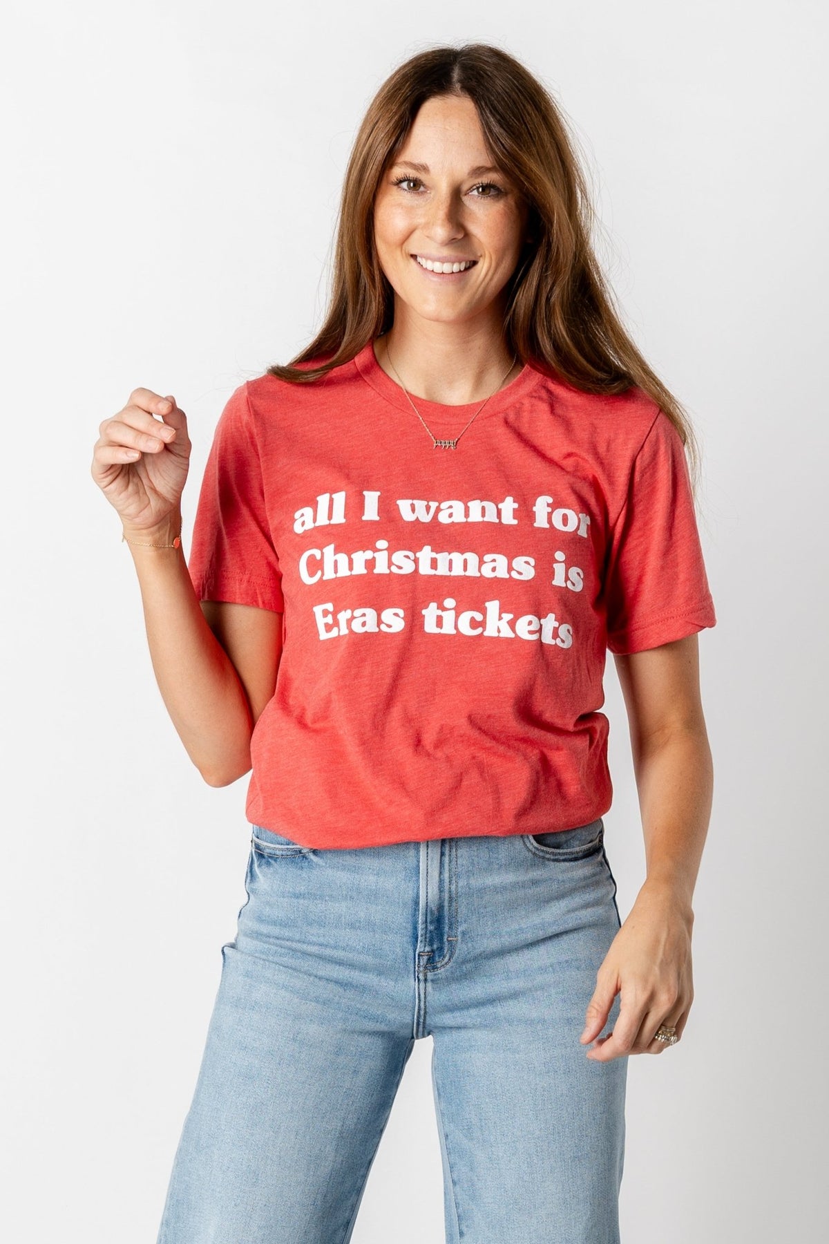 All I want for Christmas is Eras tickets t-shirt red - Trendy Holiday Apparel at Lush Fashion Lounge Boutique in Oklahoma City