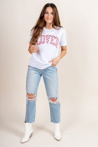 Lover checkered t-shirt white Stylish t-shirt - Womens Graphic T-Shirts at Lush Fashion Lounge Boutique in Oklahoma City