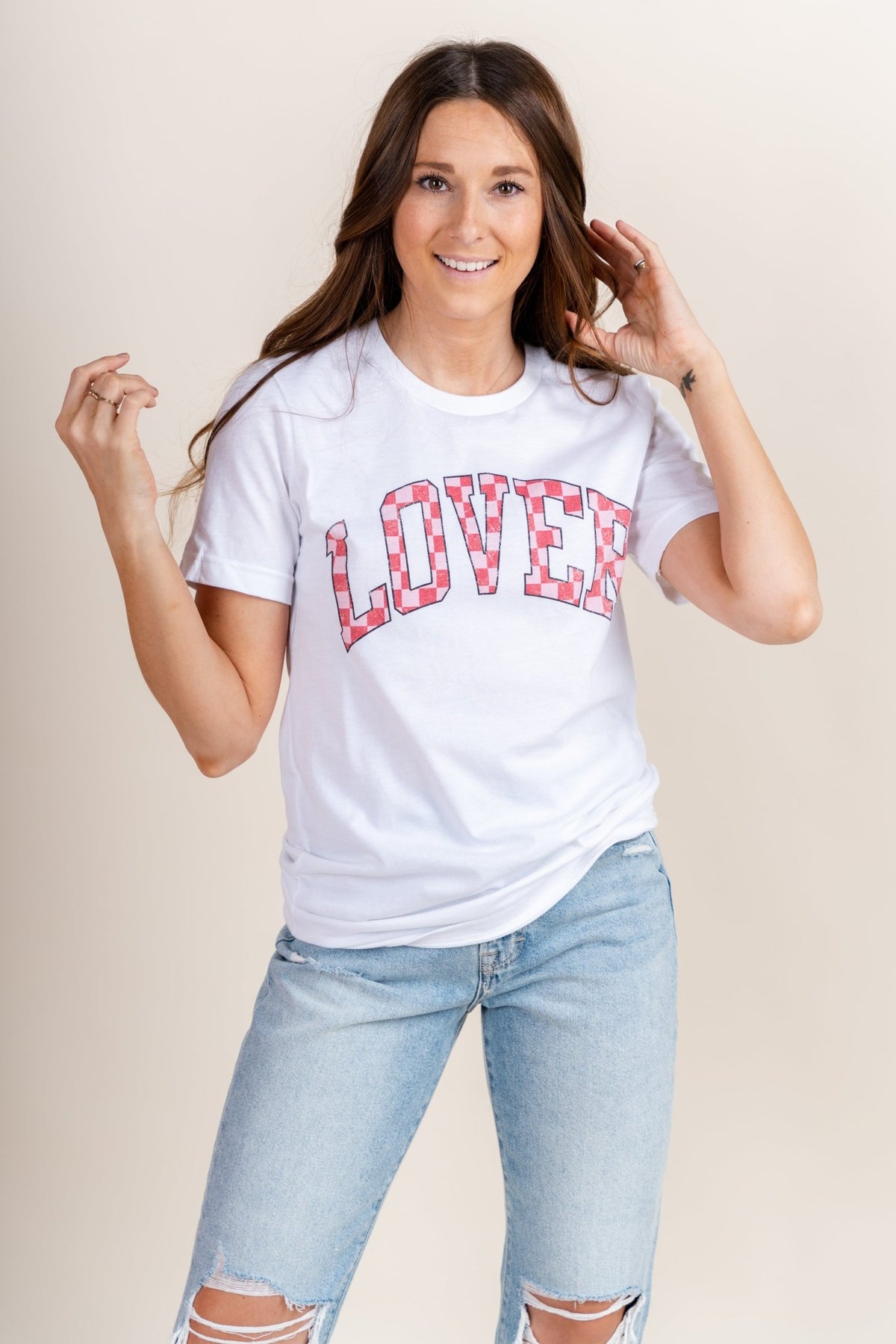 Lover checkered t-shirt white - Cute t-shirt - Trendy Graphic T-Shirts at Lush Fashion Lounge Boutique in Oklahoma City
