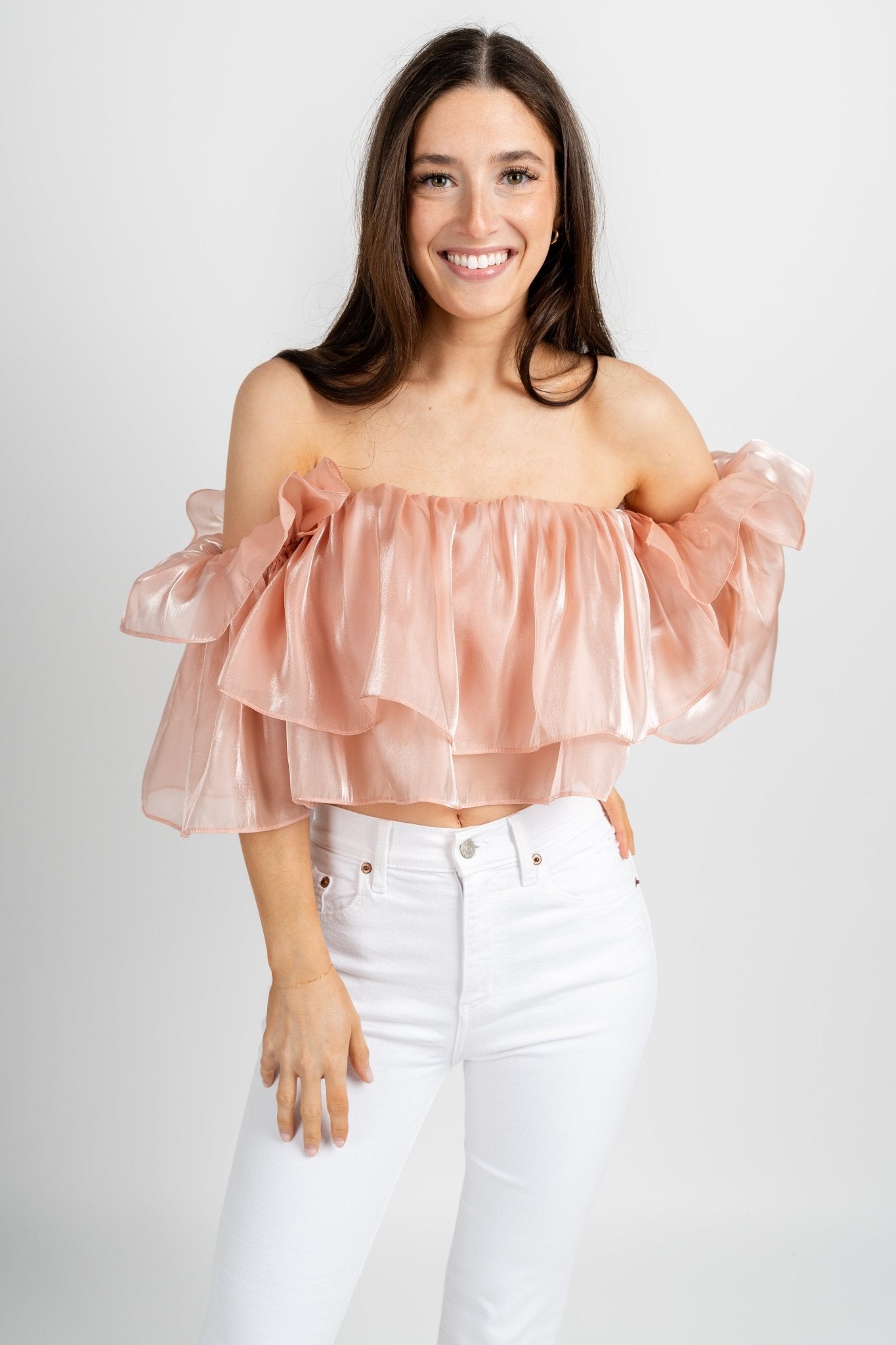 Ruffle off shoulder top blush - Stylish Top - Cute Easter Outfits at Lush Fashion Lounge Boutique in Oklahoma