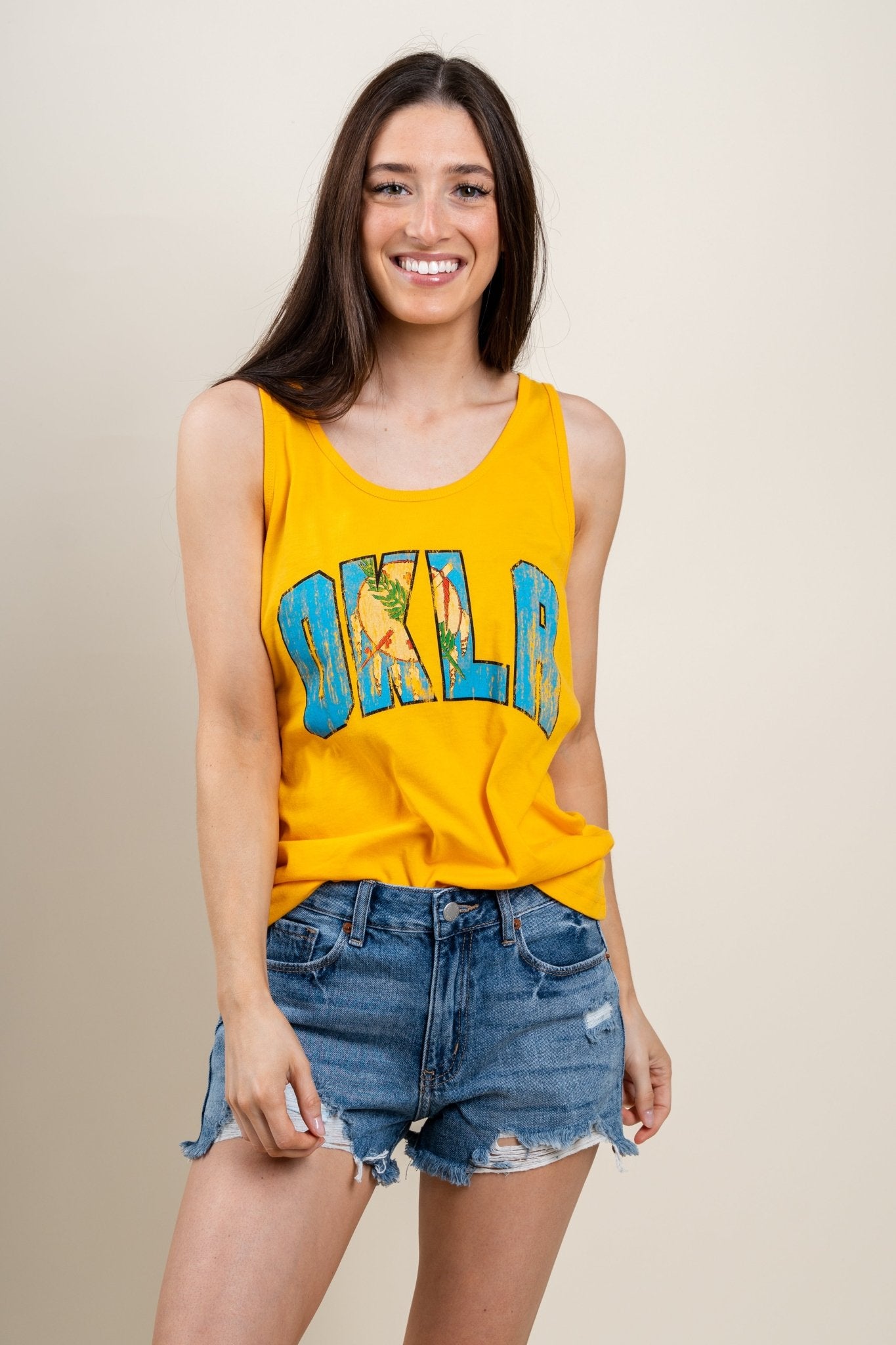 Okla flag tank top mustard - Affordable t-shirt - Boutique Tank Tops at Lush Fashion Lounge Boutique in Oklahoma City