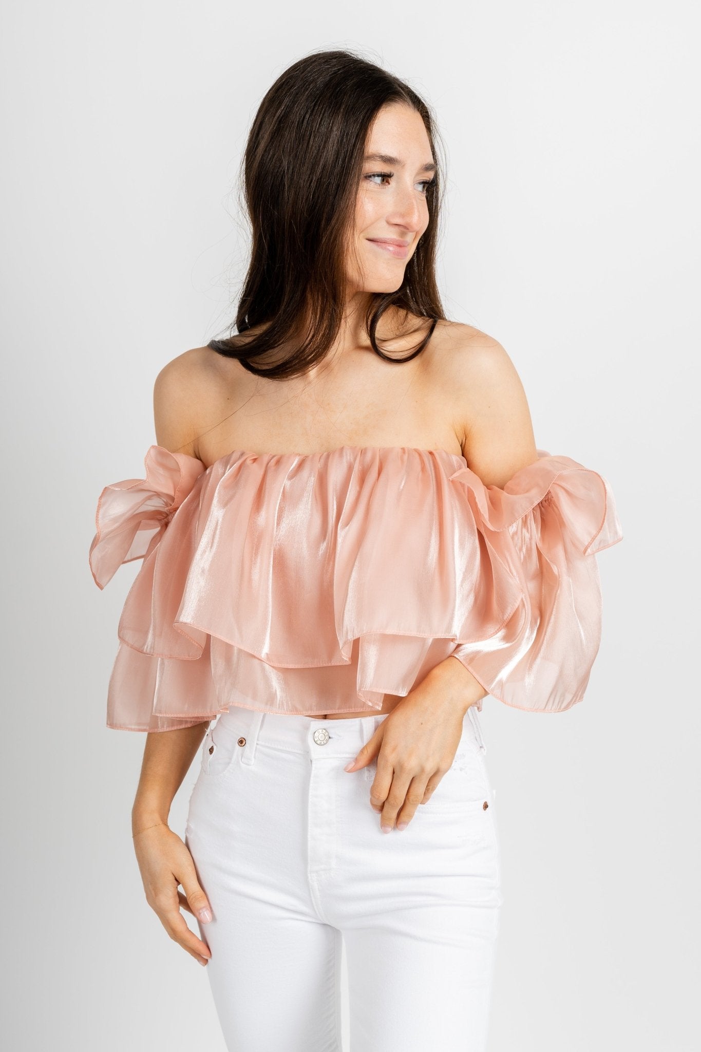 Ruffle off shoulder top blush - Trendy Top - Fun Easter Looks at Lush Fashion Lounge Boutique in Oklahoma