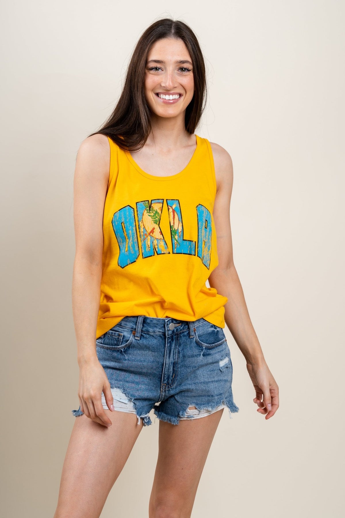 Okla flag tank top mustard - Cute t-shirt - Trendy Tank Tops at Lush Fashion Lounge Boutique in Oklahoma City