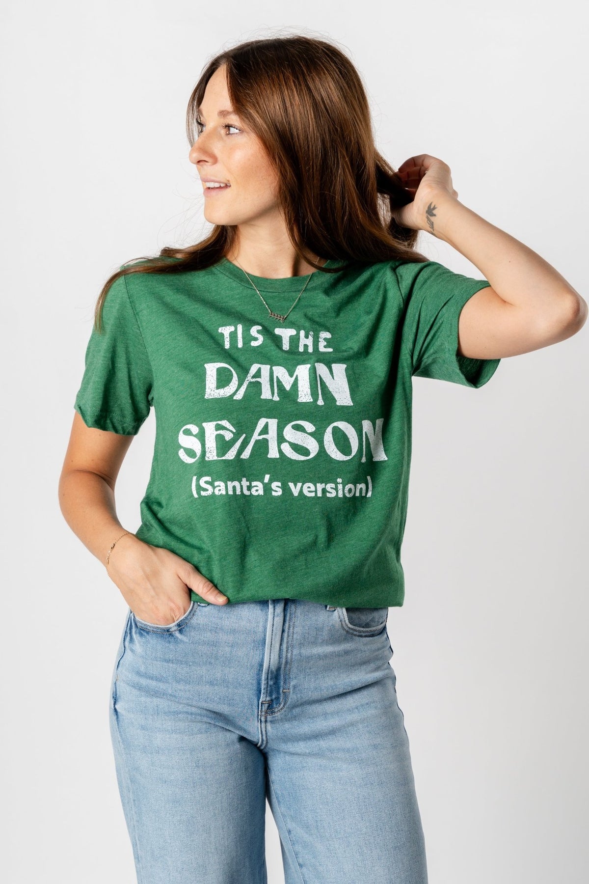 'Tis the damn season (Santa's Version) t-shirt green - Trendy Holiday Apparel at Lush Fashion Lounge Boutique in Oklahoma City
