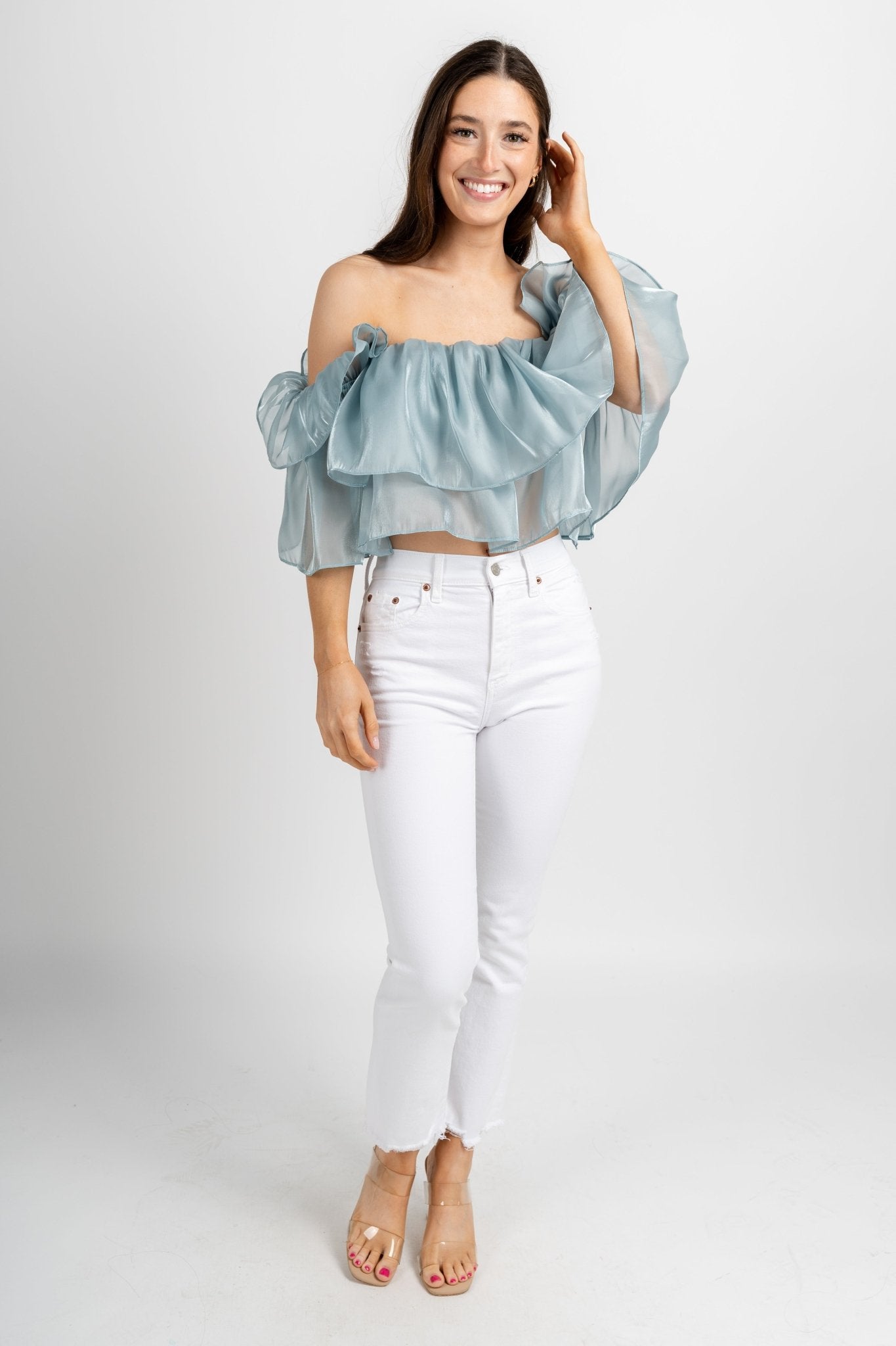 Ruffle off shoulder top dusty blue - Cute Top - Trendy Easter Clothing Line at Lush Fashion Lounge Boutique in Oklahoma