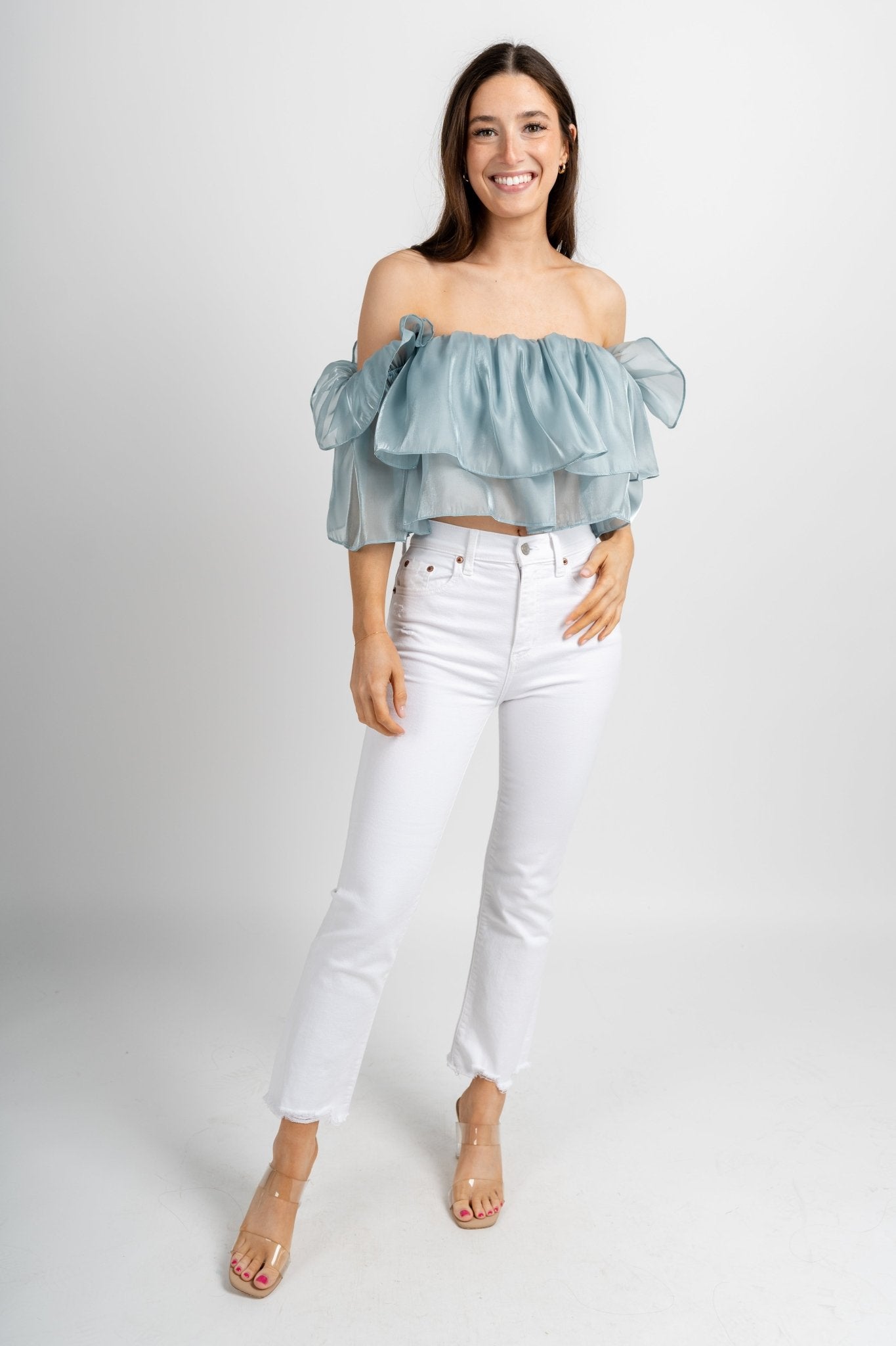 Ruffle off shoulder top dusty blue - Affordable Top - Unique Easter Style at Lush Fashion Lounge Boutique in Oklahoma