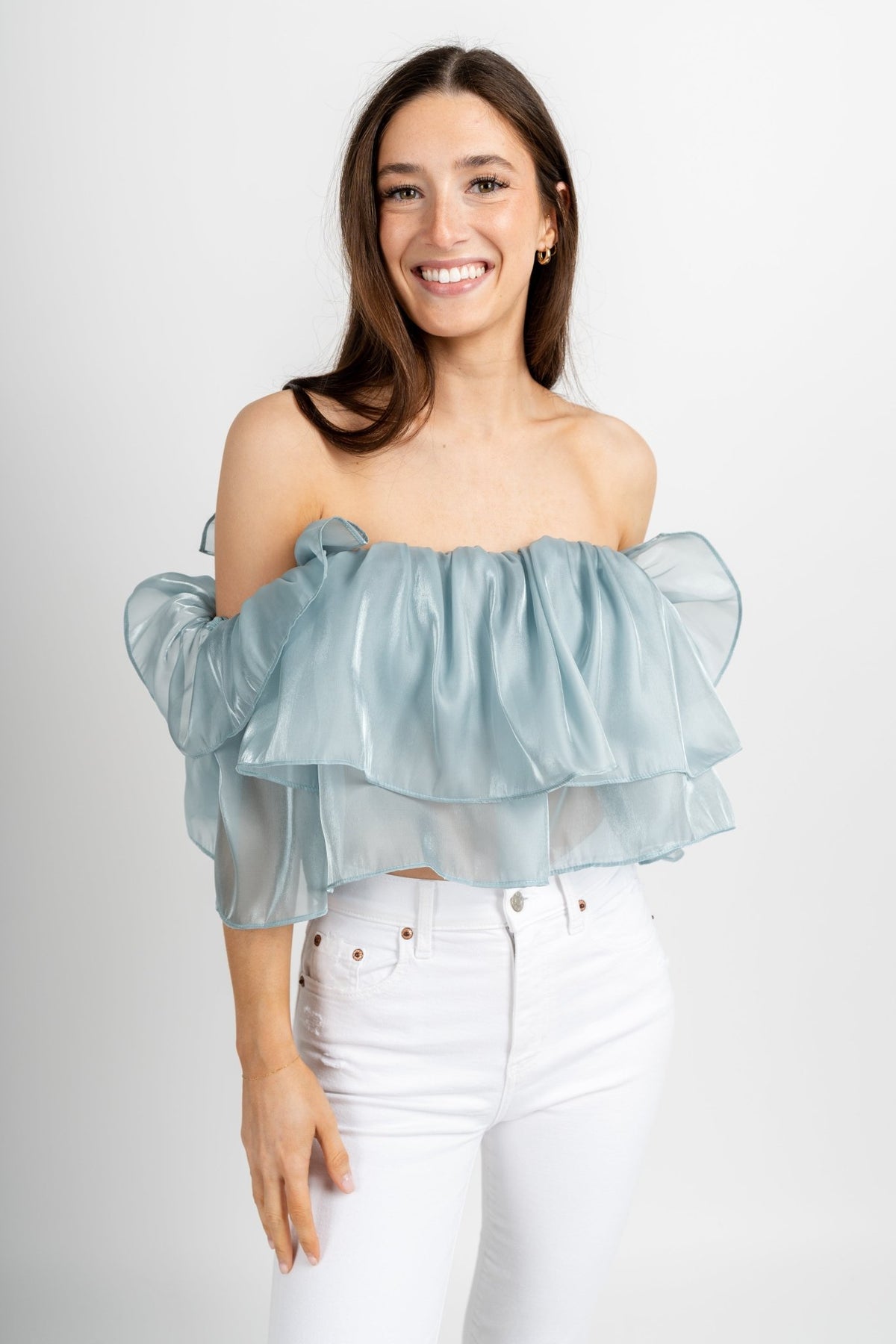 Ruffle off shoulder top dusty blue - Stylish Top - Cute Easter Outfits at Lush Fashion Lounge Boutique in Oklahoma