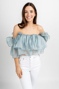 Ruffle off shoulder top dusty blue - Trendy Top - Fun Easter Looks at Lush Fashion Lounge Boutique in Oklahoma
