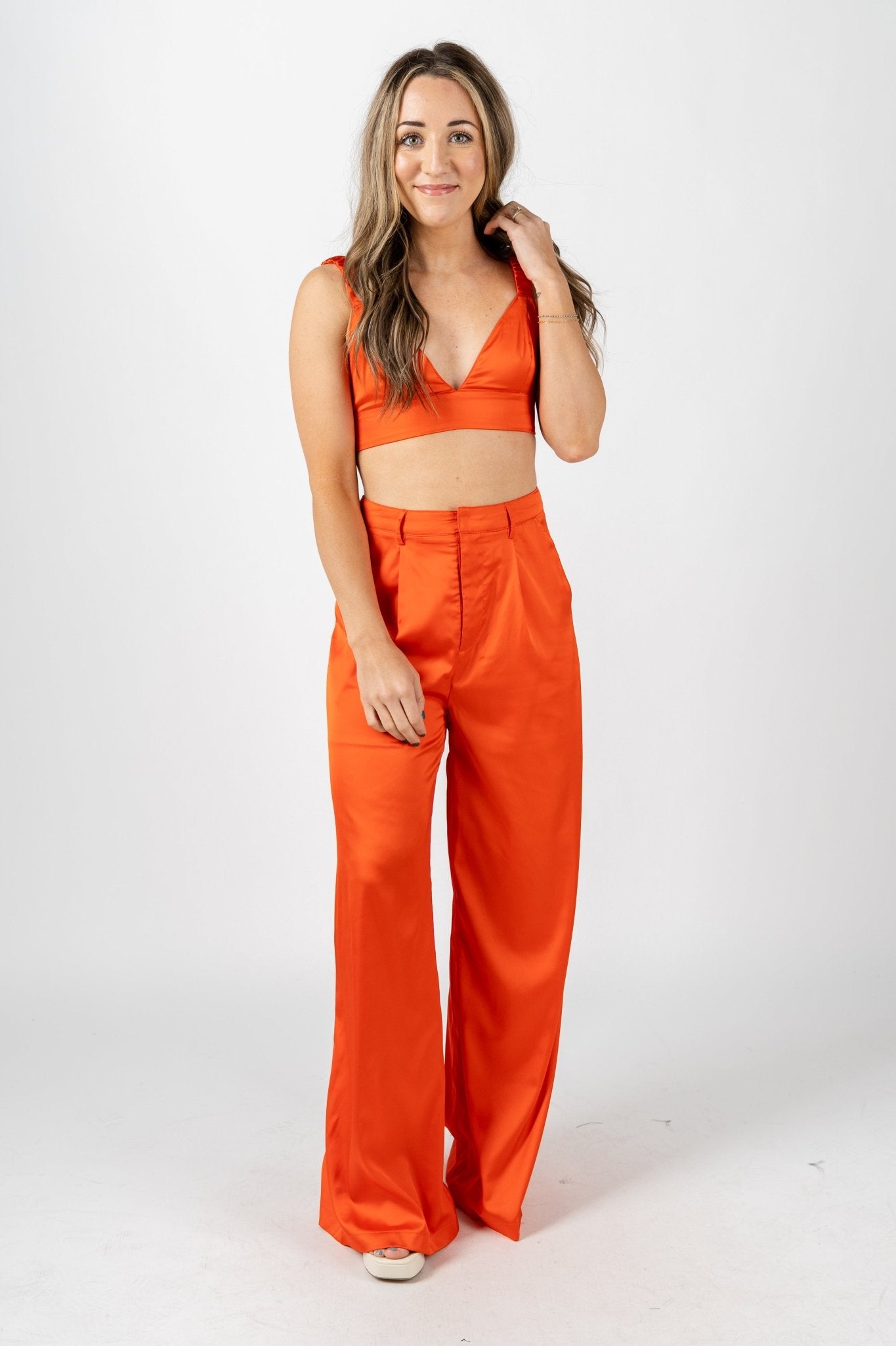 Satin cami tank top orange red Stylish Top - Womens Fashion Tank Tops at Lush Fashion Lounge Boutique in Oklahoma City