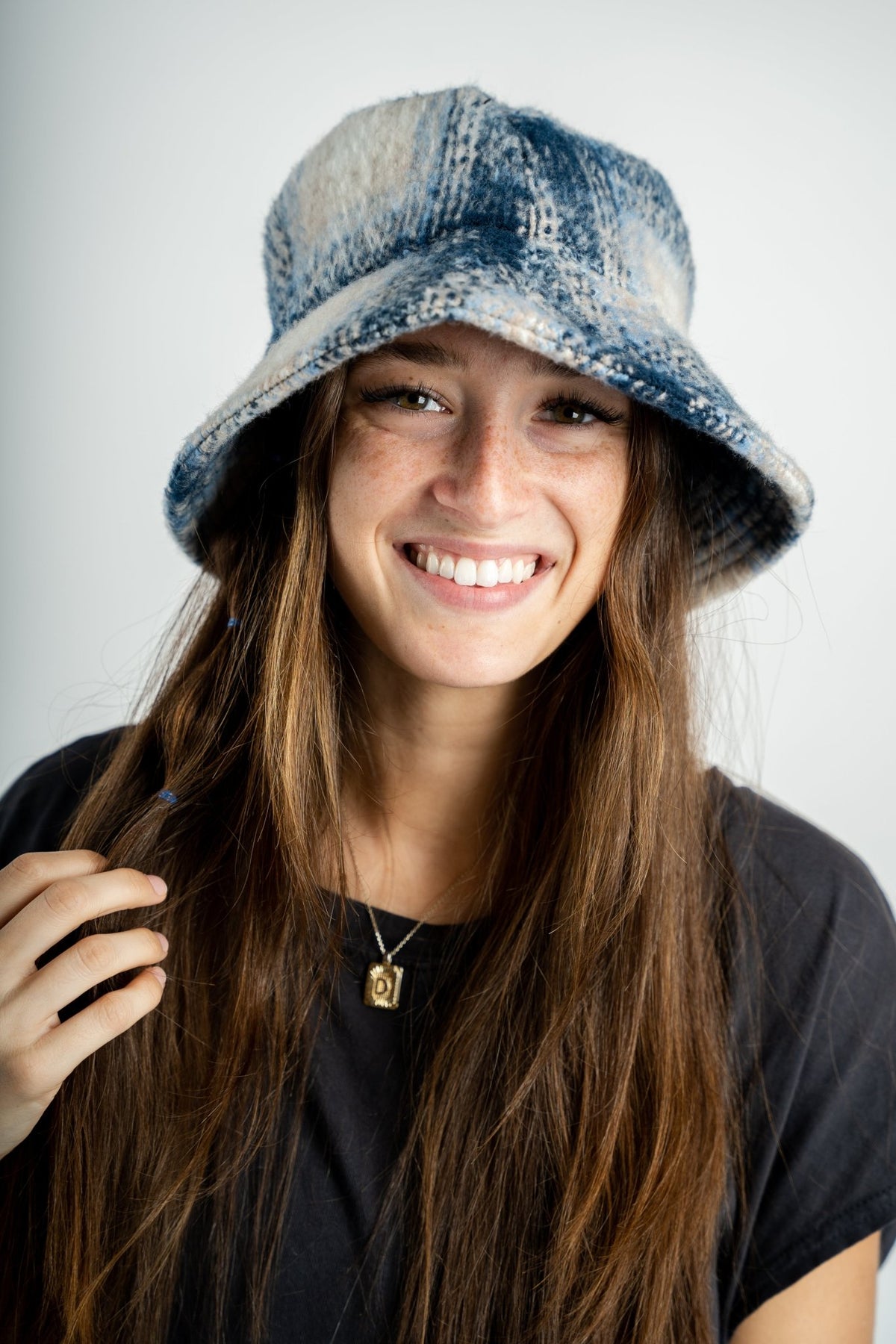 Plaid fuzzy bucket hat navy - Trendy Hats at Lush Fashion Lounge Boutique in Oklahoma City