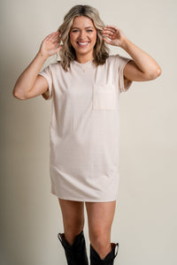 Short sleeve pocket dress natural - Cute Dresses - Trendy Dresses at Lush Fashion Lounge Boutique in Oklahoma City
