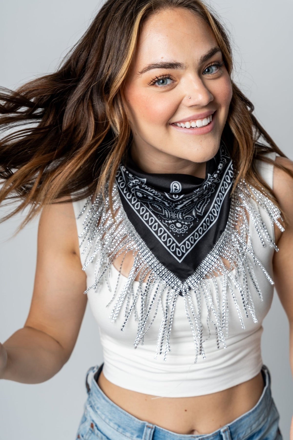 Paisley rhinestone bandana scarf black - Trendy Scarves at Lush Fashion Lounge Boutique in Oklahoma City